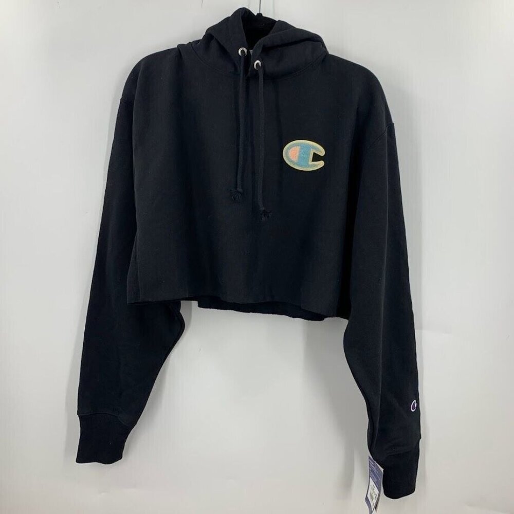 Champion Women's Cropped Logo Raw Cutoff Fleece Hoodie Sweatshirt Size L NWT‎